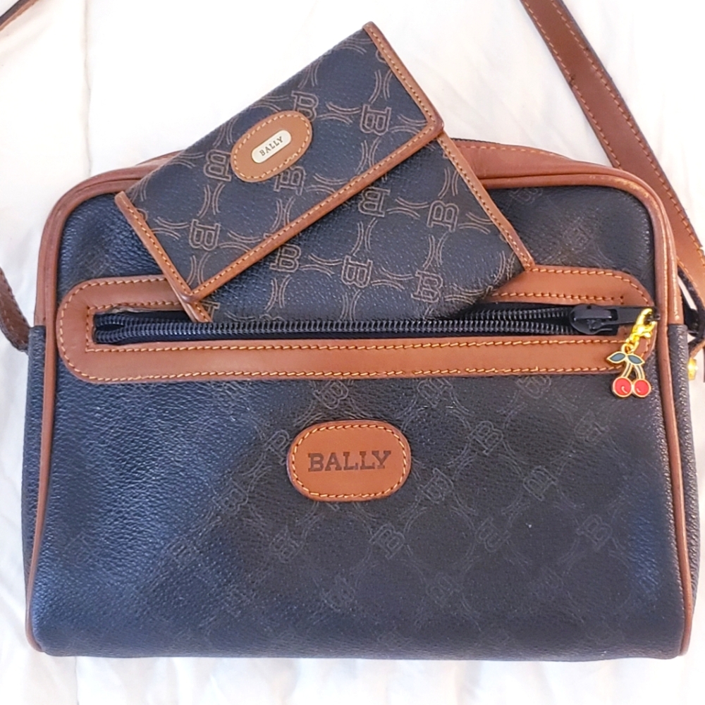 Vintage BALLY Monogram Crossbody Camera Bag & Matching Wallet Set - Brown/Black